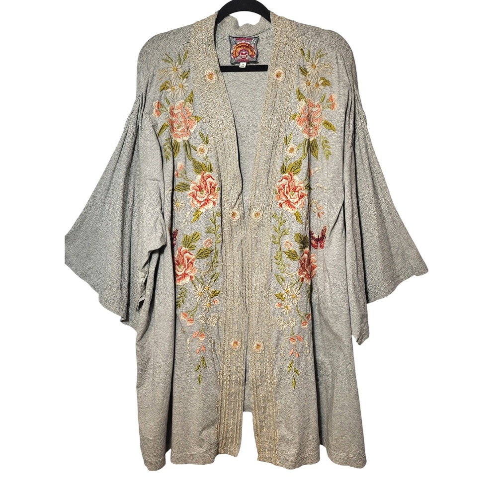 Johnny Was Embroidered Floral Butterfly Kimono Gray Cotton Cardigan 3X Boho